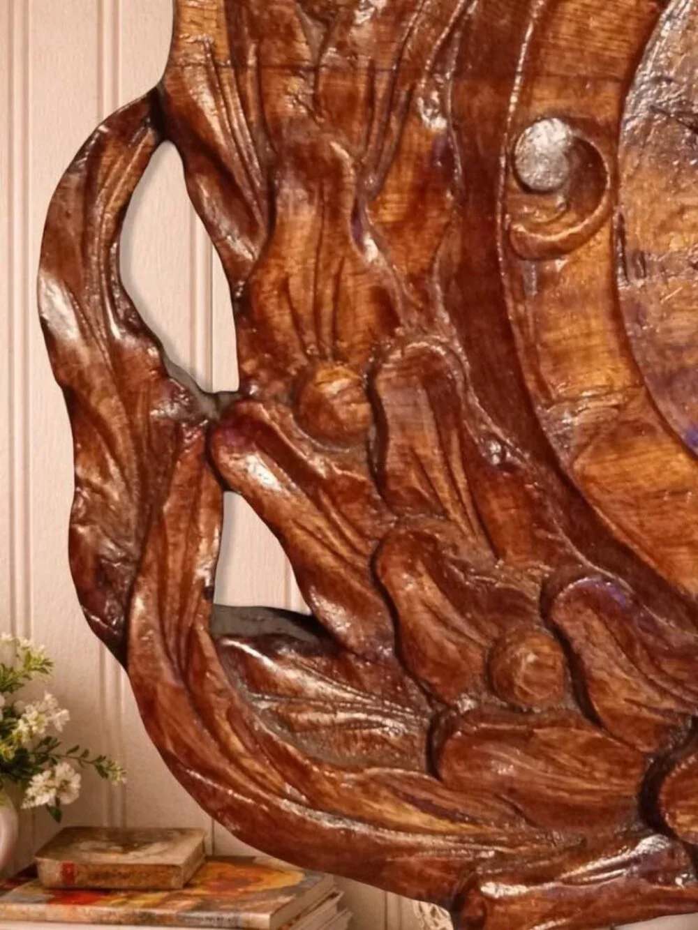 Vintage Carved Wood Compass Rose Wall Clock Birds Floral Wreath Nautical Decor
